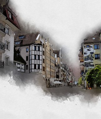 Kolobrzeg eski şehir, belediye binası, poland resim çizimi