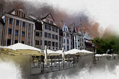 Kolobrzeg eski şehir, belediye binası, poland resim çizimi