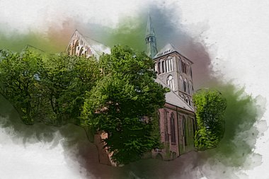 Kolobrzeg eski şehir, belediye binası, poland resim çizimi