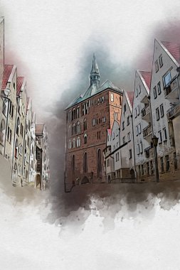 Kolobrzeg eski şehir, belediye binası, poland resim çizimi