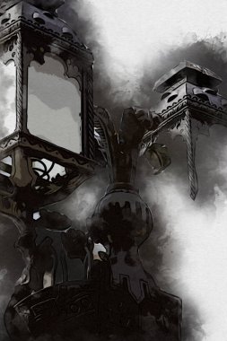 Antika sokak feneri el yapımı sanat eskileri çiziyor.