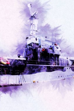 Savaş gemisi deniz illüstrasyonu antika sanat eseri çizimi