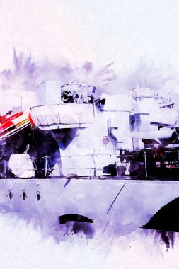 Savaş gemisi deniz illüstrasyonu antika sanat eseri çizimi