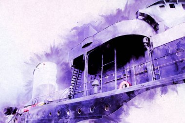 Savaş gemisi deniz illüstrasyonu antika sanat eseri çizimi