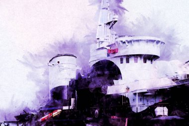 Savaş gemisi deniz illüstrasyonu antika sanat eseri çizimi