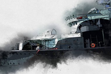 Savaş gemisi deniz illüstrasyonu antika sanat eseri çizimi