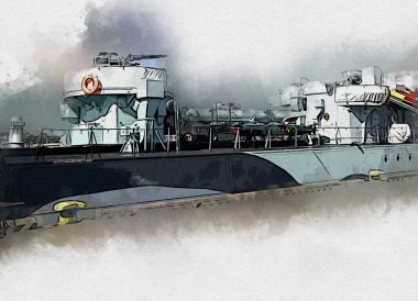 Savaş gemisi deniz illüstrasyonu antika sanat eseri çizimi