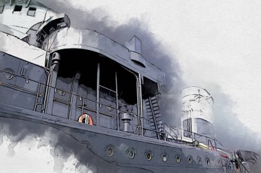 Savaş gemisi deniz illüstrasyonu antika sanat eseri çizimi