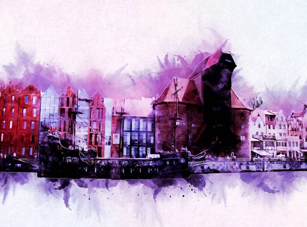 Watercolor Sketch Illustration Beautiful View Architecture City Gdansk Poland — Stock Photo, Image