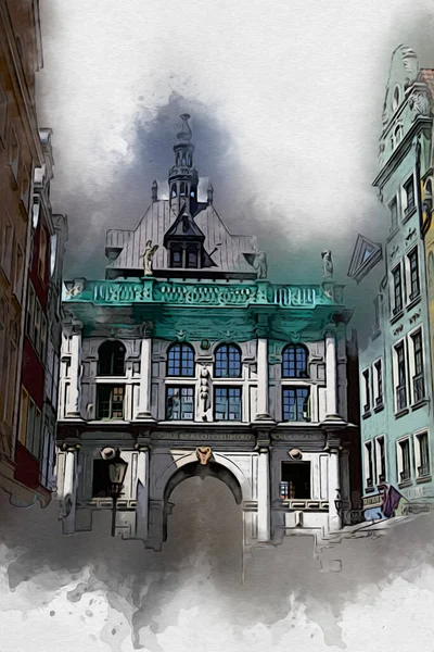 ポーランドのグダニスク市の建築物の美しい景色の水彩画のスケッチやイラスト — ストック写真