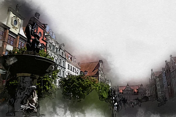 Watercolor Sketch Illustration Beautiful View Architecture City Gdansk Poland — Stock Photo, Image