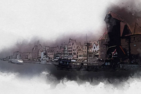 Dibujo Acuarela Ilustración Una Hermosa Vista Arquitectura Ciudad Gdansk Polonia — Foto de Stock