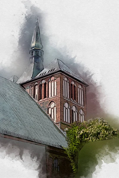 Kolobrzeg Città Vecchia Municipio Poland Arte Illustrazione Disegno Schizzo — Foto Stock