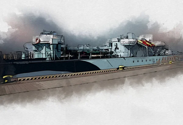 Savaş Gemisi Deniz Illüstrasyonu Antika Sanat Eseri Çizimi — Stok fotoğraf