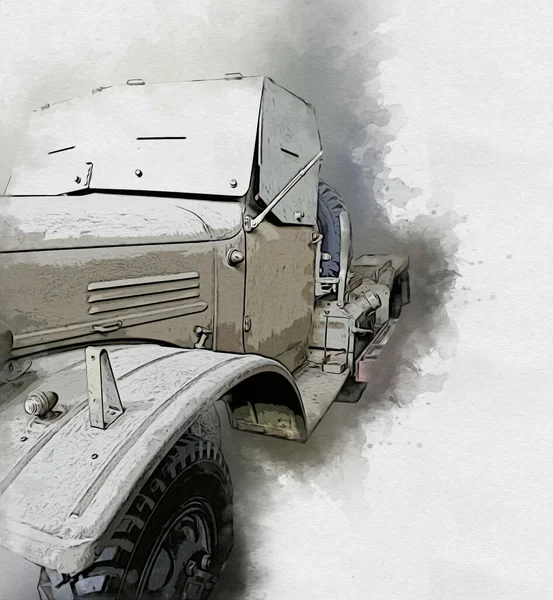 Θωρακισμένο Όχημα Τεχνική Στρατιωτική Εικονογράφηση Φορτηγό Τέχνης Απομονωμένο Σκίτσο — Φωτογραφία Αρχείου
