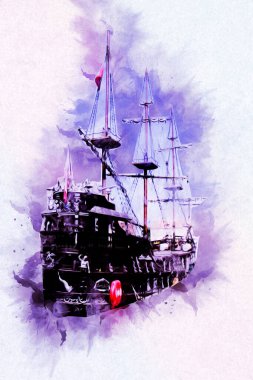 Deniz illüstrasyonunda yelken açan korsan gemisi klasik eskiz çiziyor.