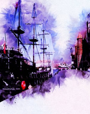 Deniz illüstrasyonunda yelken açan korsan gemisi klasik eskiz çiziyor.