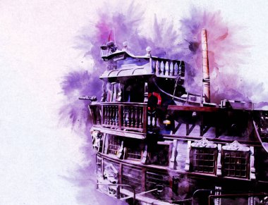 Deniz illüstrasyonunda yelken açan korsan gemisi klasik eskiz çiziyor.