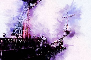 Deniz illüstrasyonunda yelken açan korsan gemisi klasik eskiz çiziyor.