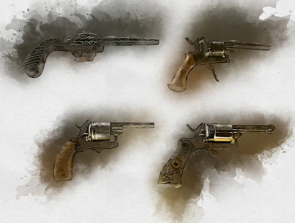 Revolver Illustration Pistolet Vintage Dessinée Main Ensemble Vieux Pistolets Style — Photo