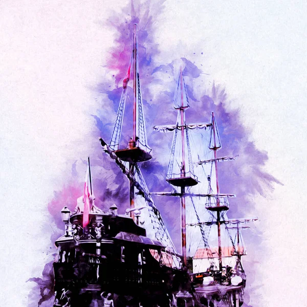 Πειρατικό Πλοίο Ιστιοπλοΐα Στη Θάλασσα Εικονογράφηση Τέχνη Σκίτσο Vintage — Φωτογραφία Αρχείου