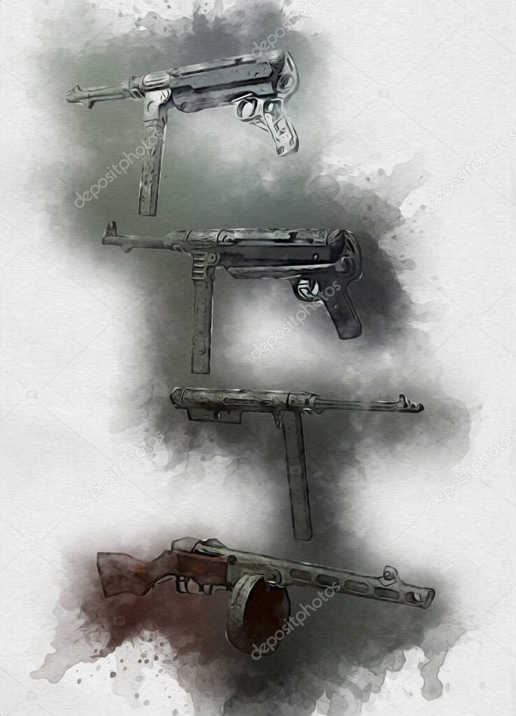 Revolver, hand drawn vintage gun illustration. Engraving style old pistols set