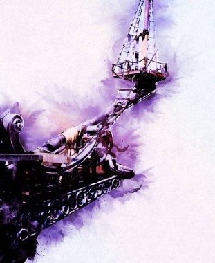 Deniz illüstrasyonunda yelken açan korsan gemisi klasik eskiz çiziyor.