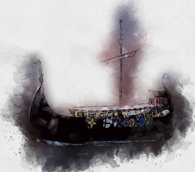 Deniz illüstrasyonunda yelken açan korsan gemisi klasik eskiz çiziyor.