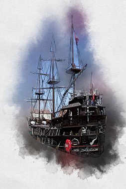 Deniz illüstrasyonunda yelken açan korsan gemisi klasik eskiz çiziyor.