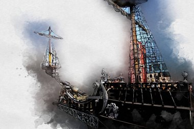 Deniz illüstrasyonunda yelken açan korsan gemisi klasik eskiz çiziyor.