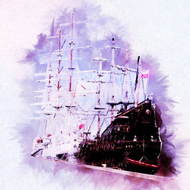 Antika tekne deniz motifi el yapımı sanat eseri çizimi