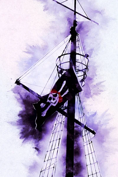 Crâne Sur Drapeau Pirate Illustration Art Dessin Croquis Vintage — Photo