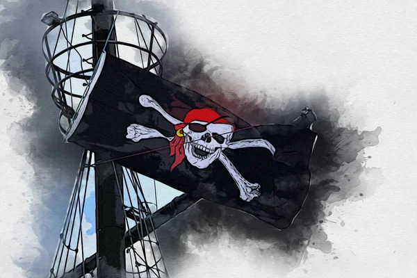 Calavera Huesos Una Bandera Pirata Ilustración Arte Dibujo Boceto Vintage —  Fotos de Stock