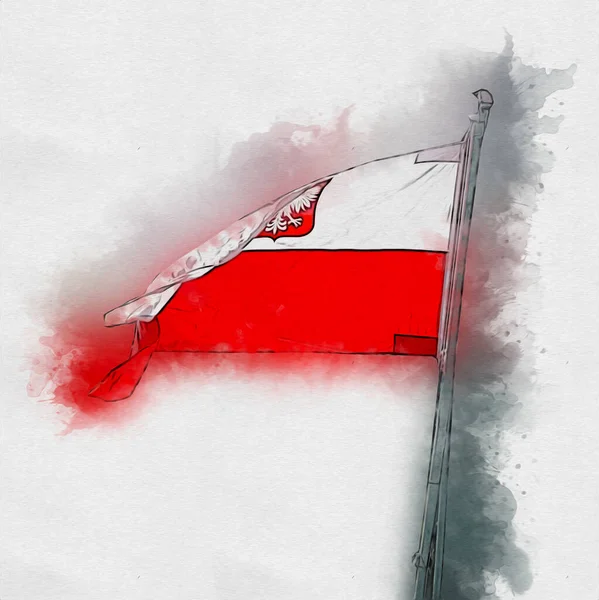 Polen Schwenkt Flagge Auf Isoliertem Hintergrund Kunst Illustration Zeichnung Jahrgang — Stockfoto