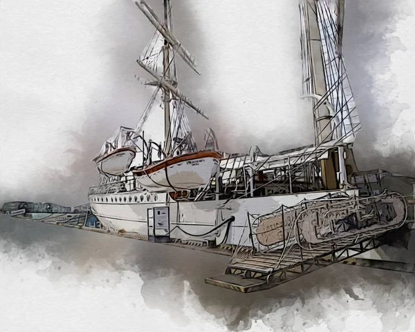 Antika Tekne Deniz Motifi Yapımı Sanat Eseri Çizimi — Stok fotoğraf