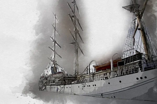 Antika Tekne Deniz Motifi Yapımı Sanat Eseri Çizimi — Stok fotoğraf
