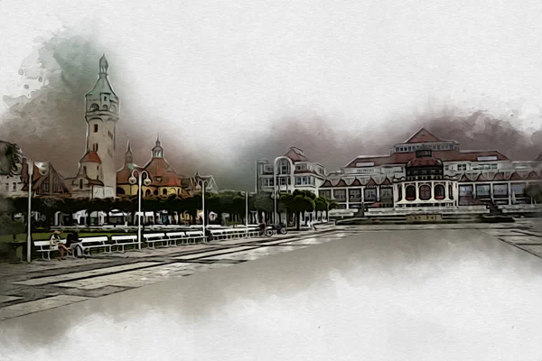 Plaza Paseo Arquitectónico Hito Sopot Dibujo Ilustración Arte — Foto de Stock