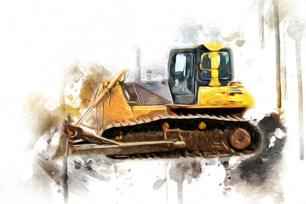 Bulldozer Ilustração Cor Arte Grunge Desenho Vintage — Fotografia de Stock