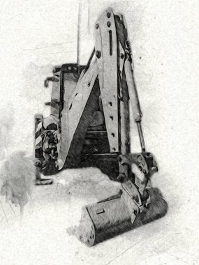 Kazı makinesi traktör çizimi rengi izole edilmiş antika sanat eserleri