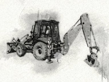 Kazı makinesi traktör çizimi rengi izole edilmiş antika sanat eserleri