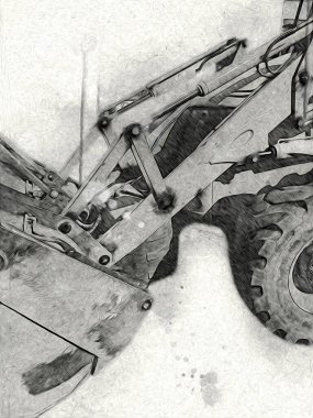 Kazı makinesi traktör çizimi rengi izole edilmiş antika sanat eserleri