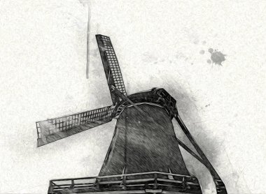 Eski yel değirmeni antika çizim sanatı