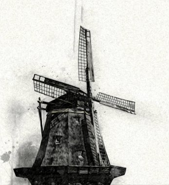 Eski yel değirmeni antika çizim sanatı