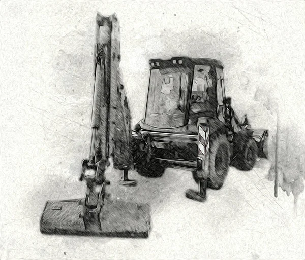 Kazı Makinesi Traktör Çizimi Rengi Izole Edilmiş Antika Sanat Eserleri — Stok fotoğraf