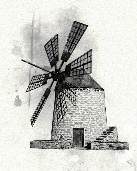 Windmühle Alten Retro Jahrgang Zeichnung Illustration Kunst — Stockfoto