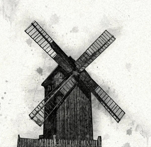 Windmühle Alten Retro Jahrgang Zeichnung Illustration Kunst — Stockfoto