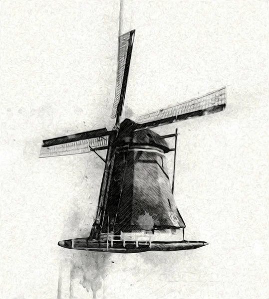 Eski yel değirmeni antika çizim sanatı