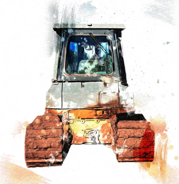 Bulldozer Ilustração Cor Arte Grunge Desenho Vintage — Fotografia de Stock