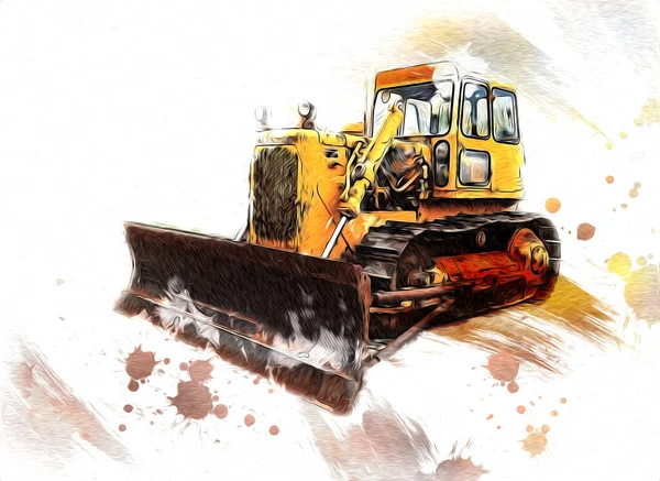 Bulldozer Ilustración Color Arte Grunge Dibujo Vintage — Foto de Stock