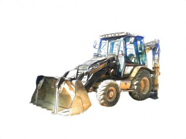 Kazı makinesi traktör çizimi rengi izole edilmiş antika sanat eserleri